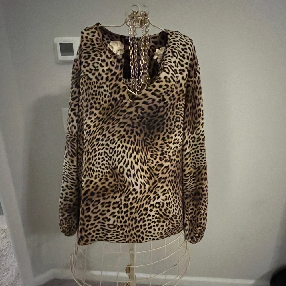 Ellen Tracy Tan and Brown Relaxed Blouse